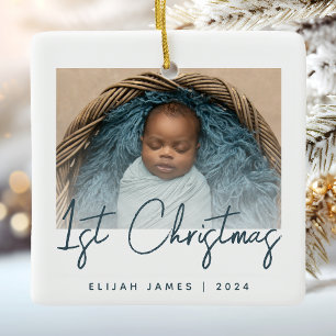 Ornamento De Cerâmica Foto Bebê Primeiro Natal Azul Turquesa Rascunho