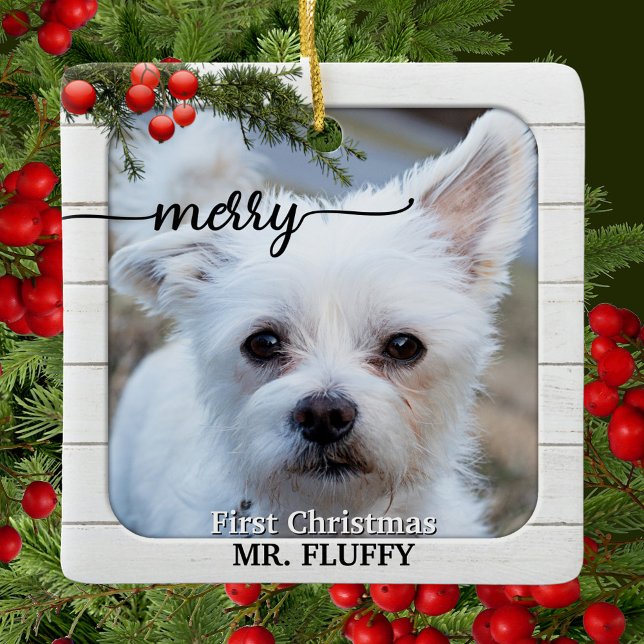 Ornamento De Cerâmica Foto Bela, Madeira Branca, Primeiro Ceram De Natal (Christmas ornament featuring a custom (pet) photo framed by rustic white wood and berries with pine)