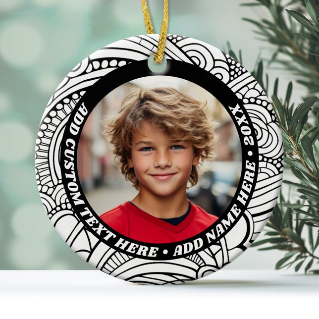 Ornamento De Cerâmica Foto - Borda Abstrato branca preta - Texto retroat (Personalized Photo Ornament)