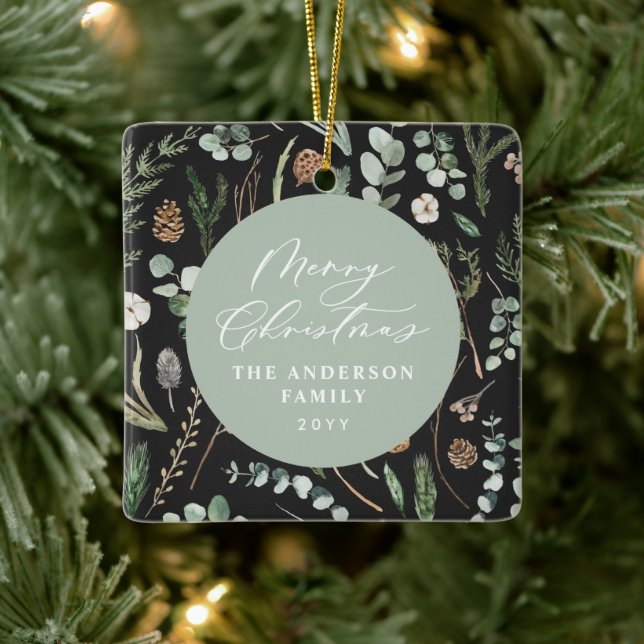 Ornamento De Cerâmica Foto botânica mínima de Natal verde-sábio (Árvore)