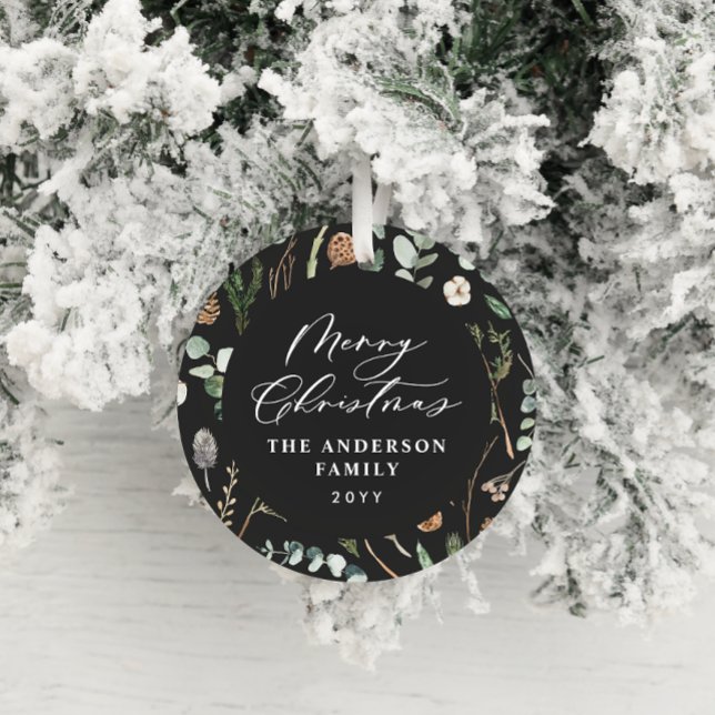 Ornamento De Cerâmica Foto botânica mínima elegante de Natal preto (Criador carregado)