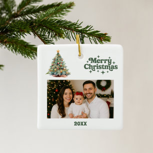 Ornamento De Cerâmica Foto branca verde da árvore de Natal