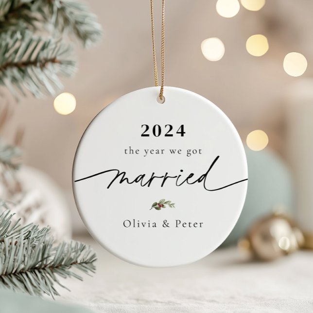 Ornamento De Cerâmica Foto casada no primeiro Natal (Criador carregado)