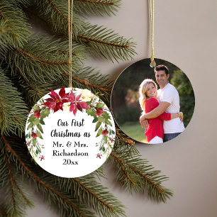 Ornamento De Cerâmica Foto casada primeiro Natal da poinsétia