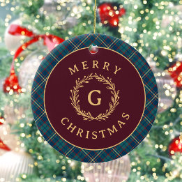 Ornamento De Cerâmica Foto Clássica de Natal em Xadrez Burgundy com Mono