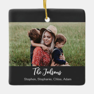 Ornamento De Cerâmica Foto com letra cursiva preta e branca da família