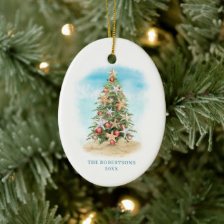 Ornamento De Cerâmica Foto da Árvore de Natal na Praia