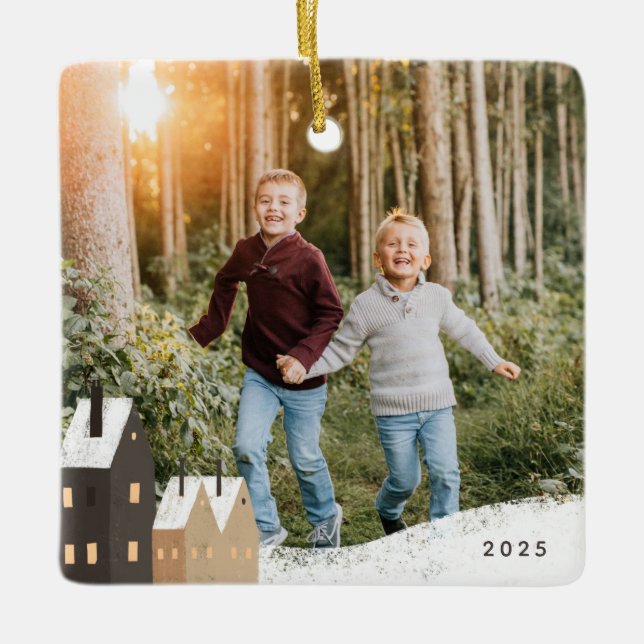 Ornamento De Cerâmica Foto da cena de Snowy Village rustic (Frente)