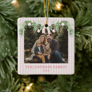 Ornamento De Cerâmica Foto da Família com Laço Rosa Caprichoso Grandmill
