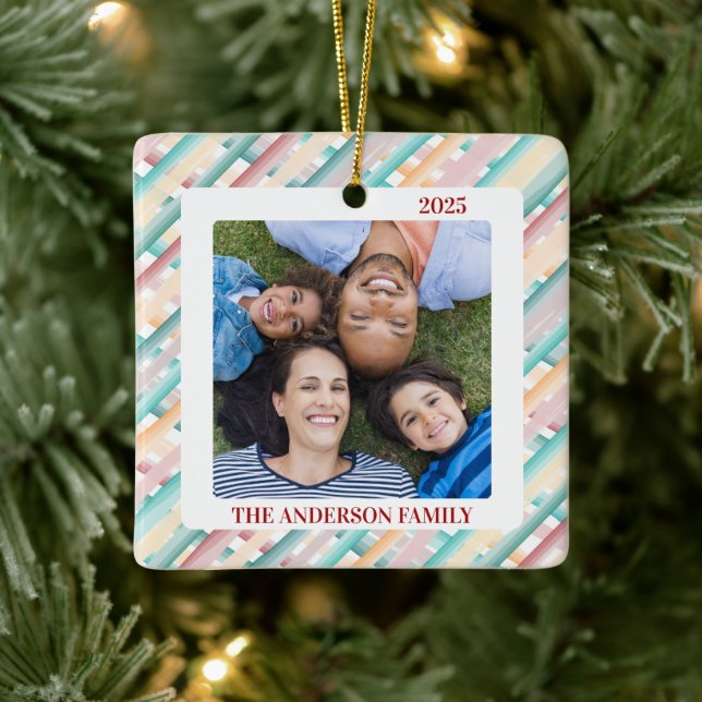 Ornamento De Cerâmica Foto da família de listras de aquarelas natalinas (Árvore)
