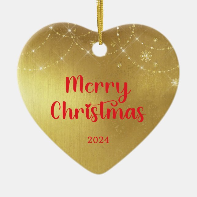 Ornamento De Cerâmica Foto da família de Natal Dourada e Vermelha (Frente)