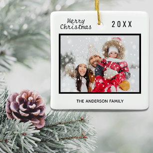 Ornamento De Cerâmica Foto da família de Natal - preto branco elegante