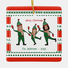 Ornamento De Cerâmica Foto da Família Elf Engraçada Red Green Feliz Nata