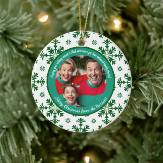 Ornamento De Cerâmica Foto da família engraçada cheia de alegria verde e