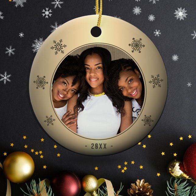 Ornamento De Cerâmica Foto da Família Festiva de Flocos de Neve Metálico (Criador carregado)