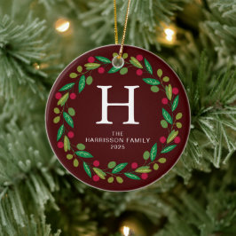 Ornamento De Cerâmica Foto da família Floral Christmas Wreath Monogramme