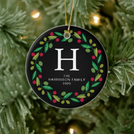 Ornamento De Cerâmica Foto da família Floral Christmas Wreath Monogramme