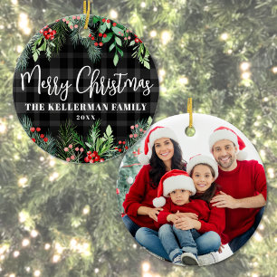 Ornamento De Cerâmica Foto da família Greenerence Xadrez Feliz Natal