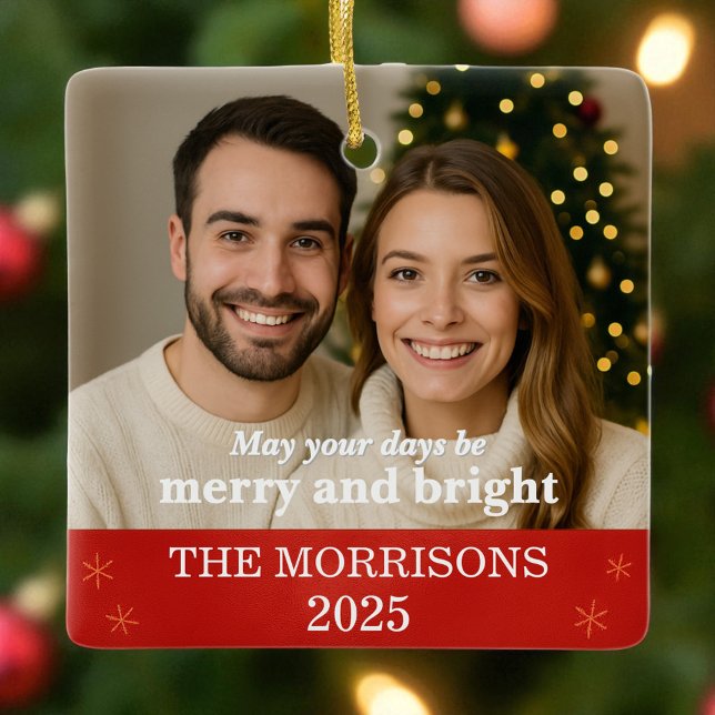 Ornamento De Cerâmica Foto da família moderna Red e Dourada Snowflake (Criador carregado)