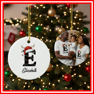 Ornamento De Cerâmica Foto da Família Monograma de Natal com Chifre e Ch