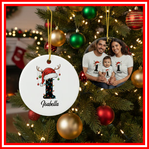 Ornamento De Cerâmica Foto da Família Monograma de Natal com Chifre e Ch