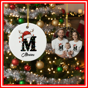 Ornamento De Cerâmica Foto da Família Monograma de Natal com Chifre e Ch