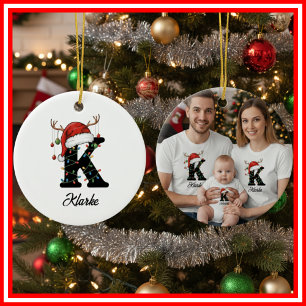 Ornamento De Cerâmica Foto da Família Monograma de Natal com Chifre e Ch