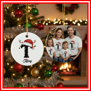 Ornamento De Cerâmica Foto da Família Monograma de Natal com Chifre e Ch