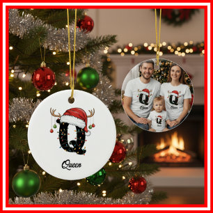 Ornamento De Cerâmica Foto da Família Monograma de Natal com Chifre e Ch