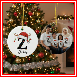 Ornamento De Cerâmica Foto da Família Monograma de Natal com Chifre e Ch