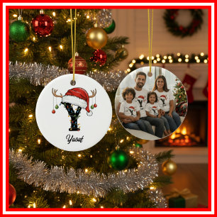 Ornamento De Cerâmica Foto da Família Monograma de Natal com Chifre e Ch