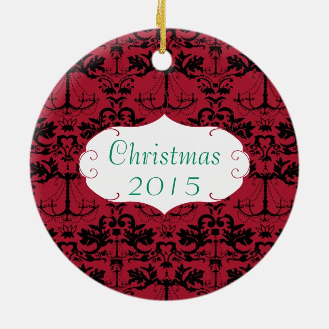 Ornamento De Cerâmica Foto da Família Natal Red Chandelier Damask (Traseira)