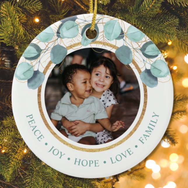 Ornamento De Cerâmica Foto da família natalina moderna Eucalyptus (Criador carregado)