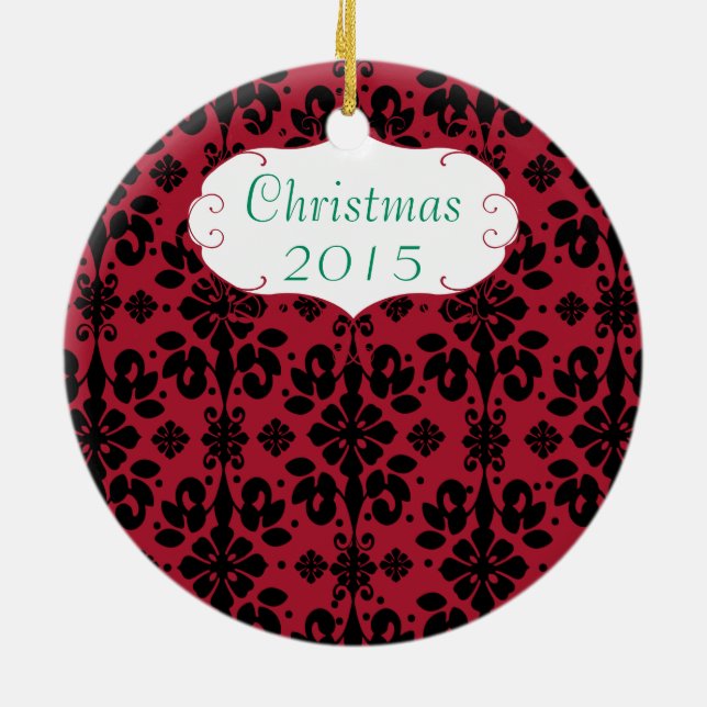 Ornamento De Cerâmica Foto da família natalina Red Chandelier #4 Damask (Traseira)