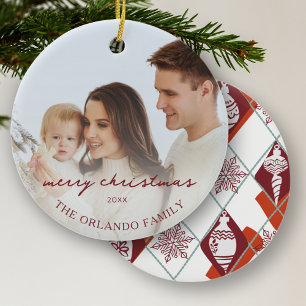 Ornamento De Cerâmica Foto da Família Novos Pais Vermelho Feliz Natal