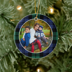 Ornamento De Cerâmica Foto da família personalizada da Xadrez Tartan ve