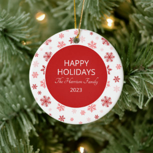 Ornamento De Cerâmica Foto da família Red Snowflake Happy Holidays