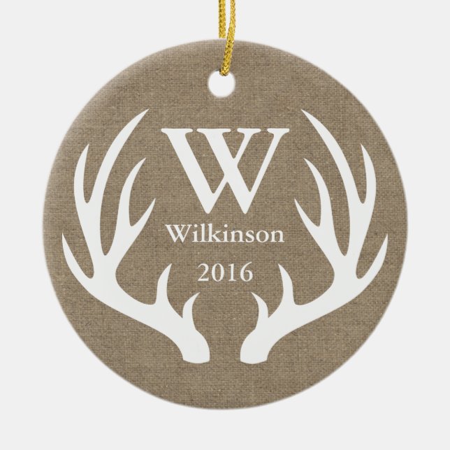 Ornamento De Cerâmica Foto da família Rustic Farmhouse Deer Antlers (Frente)