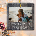 Ornamento De Cerâmica Foto Da Família Rustic Wood Felry Christmas Script<br><div class="desc">Rústica Madeira Feliz Festa de Natal Família Cerâmica Ornament. Fundo de madeira escura com uma foto personalizada. Adicione sua foto e seu texto e faça um Enfeites de natal de tendências e chic.</div>
