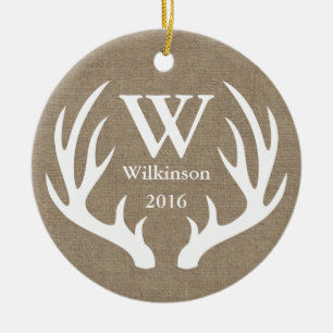 Ornamento De Cerâmica Foto da família Rústica Farmhouse Deer Antlers