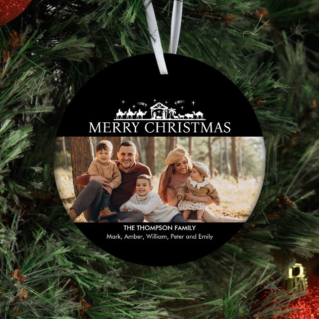 Ornamento De Cerâmica Foto da família Simples Natal Religioso (Criador carregado)