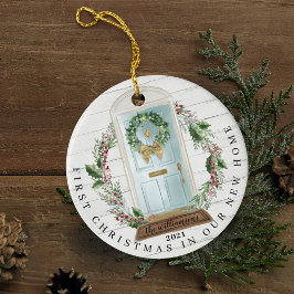 Ornamento De Cerâmica Foto da Porta de Água Azul, Teal, Natal