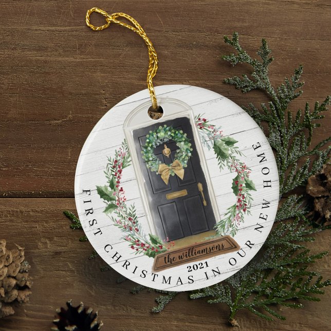 Ornamento De Cerâmica Foto da Porta Negra Negra Natal (Christmas New Home Black Watercolor Door Photo Ceramic Ornament)
