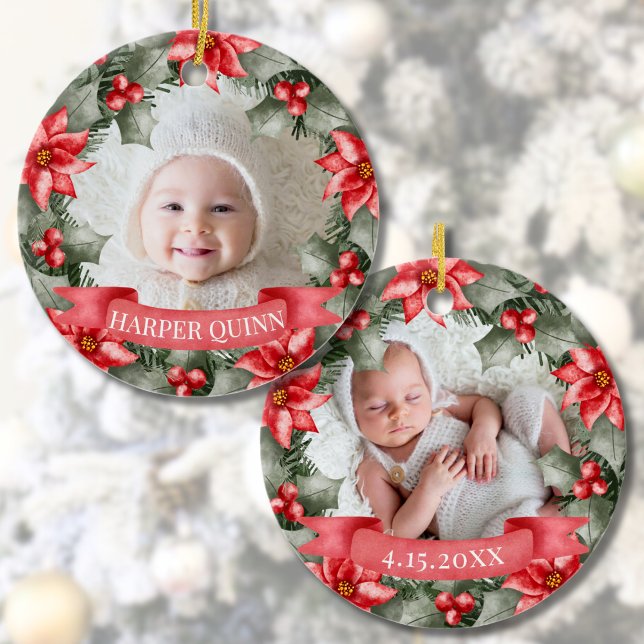 Ornamento De Cerâmica Foto da primeira imagem flórica clássica de Natal  (Baby's First Christmas Classic Floral Frame Photo Ceramic Ornament)