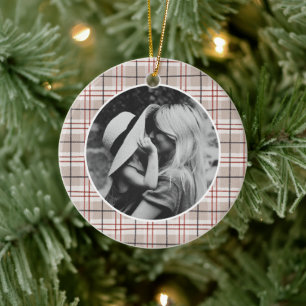 Ornamento De Cerâmica Foto da Xadrez de Natal clássico de Tartan Beige