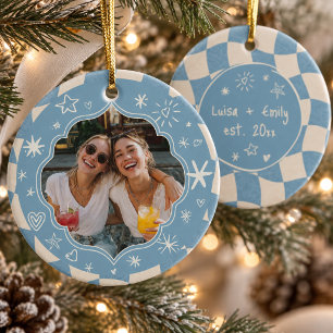 Ornamento De Cerâmica Foto das Melhores Amigas com Xadrez Ondulado Retrô