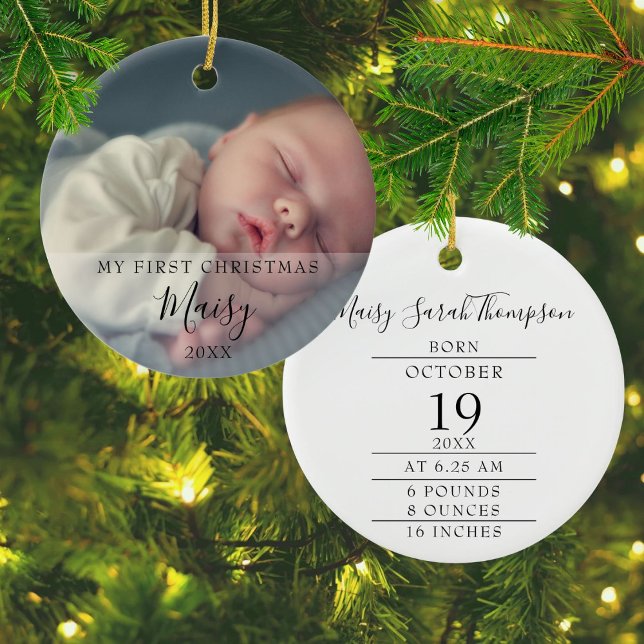 Ornamento De Cerâmica Foto das primeiras estatísticas de natalidade do b (First Christmas Baby Birth Stats Photo Ceramic Ornament)