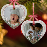 Ornamento De Cerâmica Foto de 1rua de Prata de Natal do bebê<br><div class="desc">Moldura prateada com enfeite e ornamento de pinheiro para mostrar sua própria memória especial. A forma do coração é um símbolo perfeito para o amor. A brilhante e brilhante borda prateada circunda suas fotos memoriais. A fita sagrada, pinheira e seda completa toda a design com uma atmosfera alegre da época...</div>