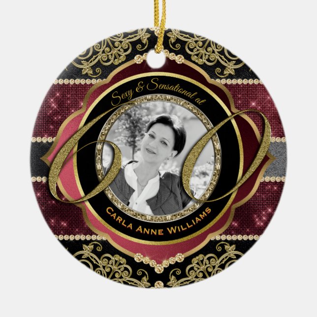 Ornamento De Cerâmica Foto de 60 anos, Dourada Diamantes Ruby, com 60 an (Frente)