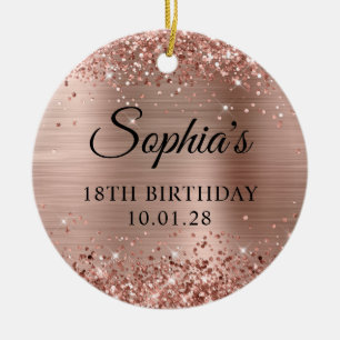 Ornamento De Cerâmica Foto de aniversário do Glittery Rosa Gold Foil 18t